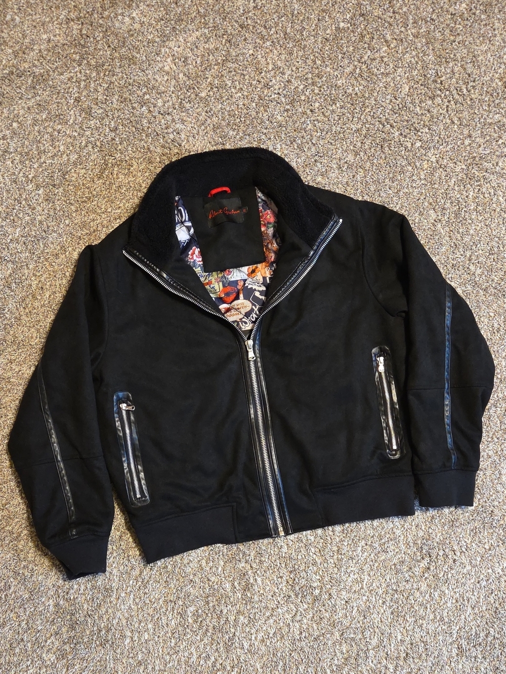 ROBERT GRAHAM Black Vegan Suede Men’s Zip-Up Bomber Jacket with Lining Detail